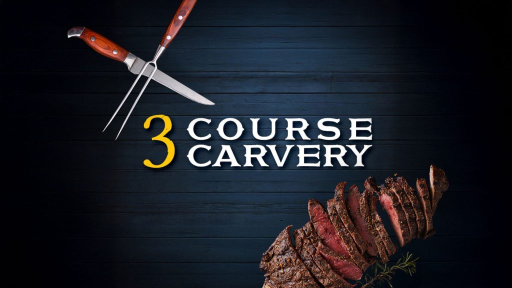 Carved roast meat with text overlay on dark background