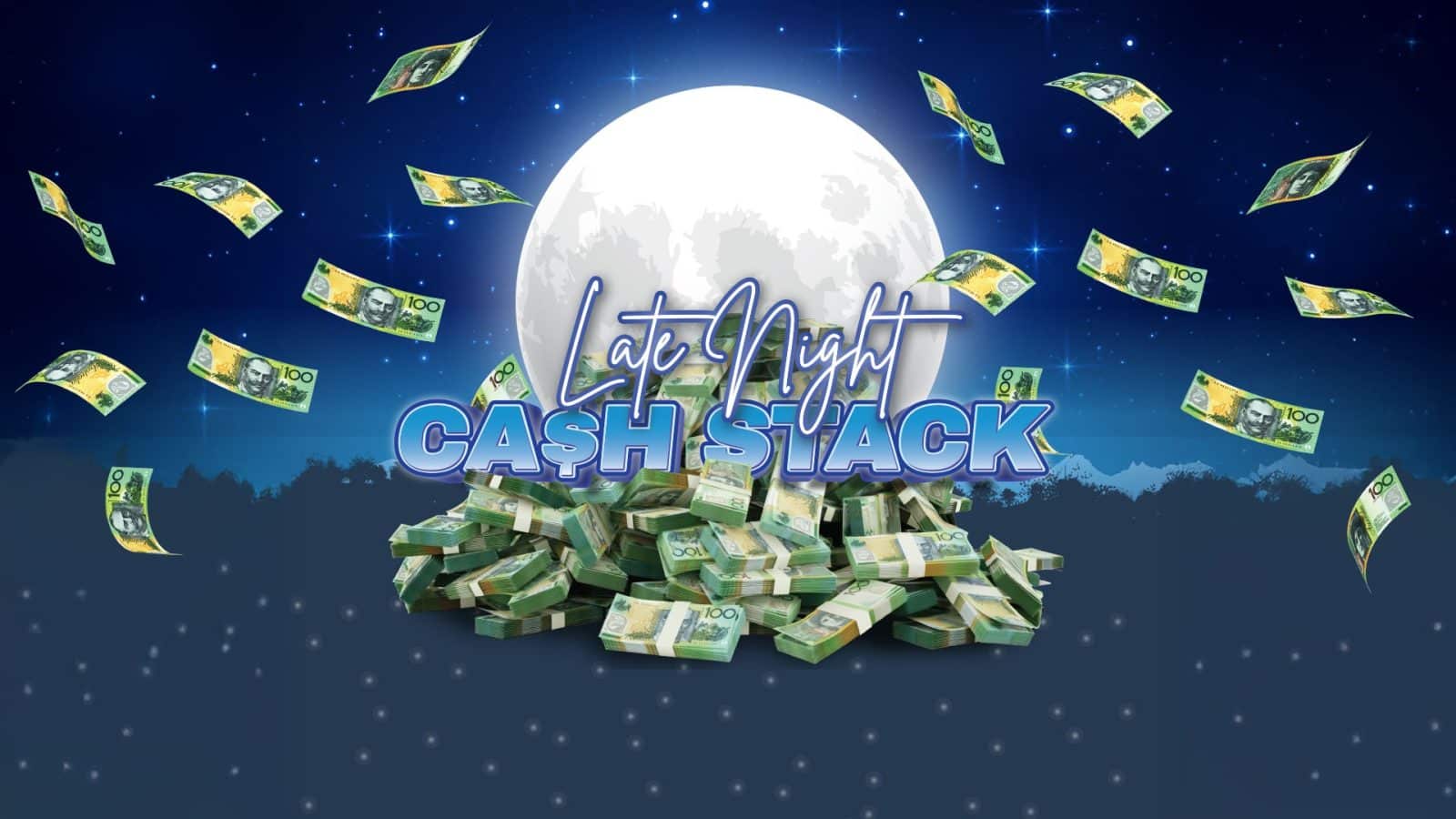 Night sky graphic with coins and light effects