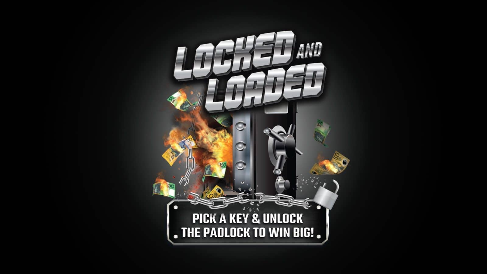 Promotional graphic with bold text and dark background with metal safe and cash flaying out