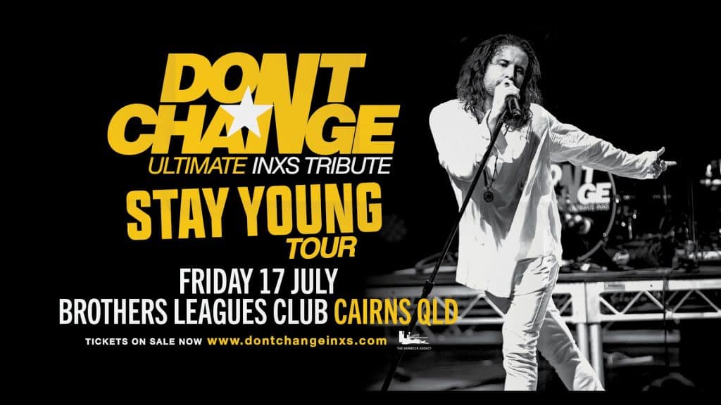 Image INXS tribute singing into a microphone on stage showing details for Don’t Change – Ultimate INXS Tribute at Brothers League Club on Friday 17 July 2026. Their electrifying performance is A MUST SEE!