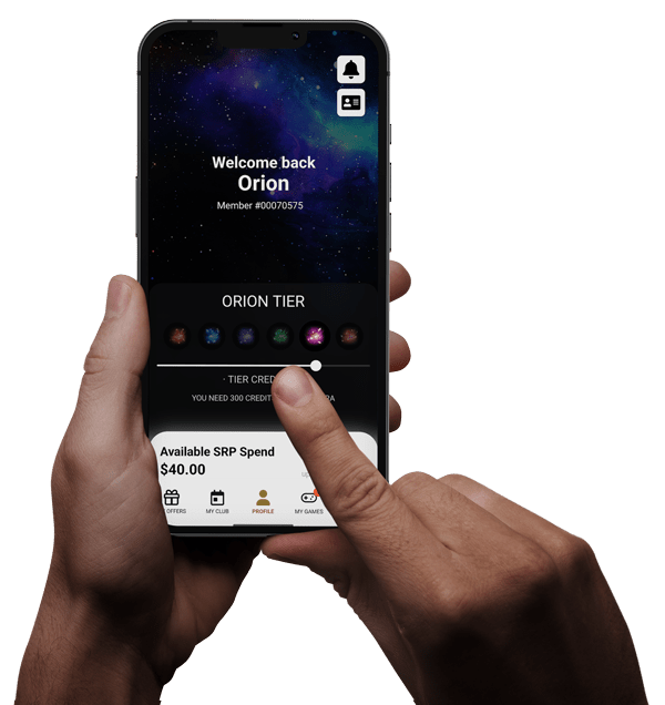 Hand holding a phone showing the Brothers Leagues Club members app